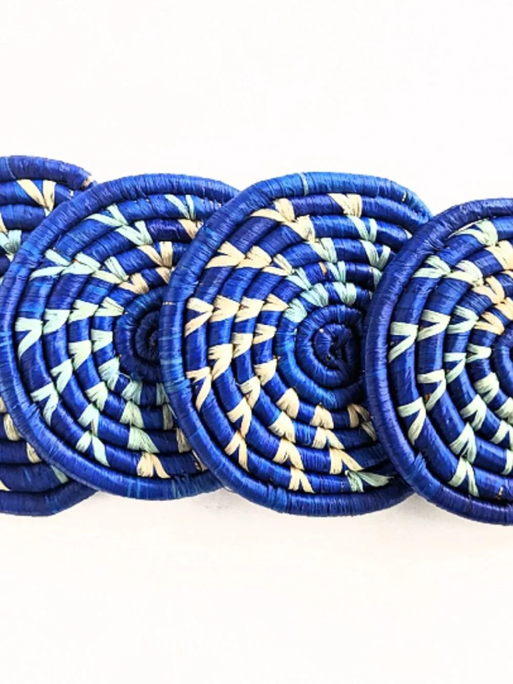 Blue Woven Raffia Grass Drink Coasters Set of 4 | Bohemian African Decor